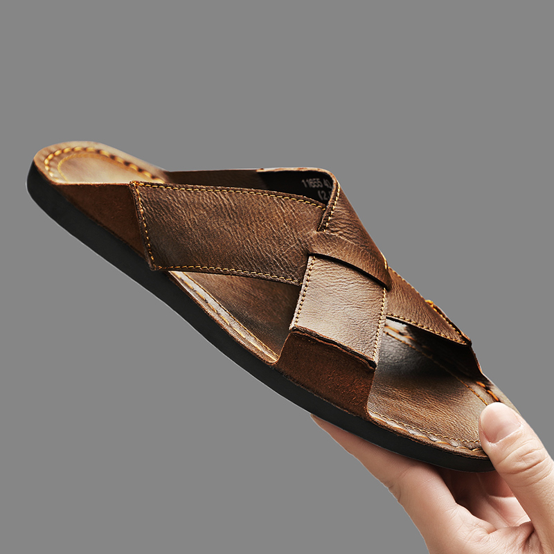 Men Shoes Marks - ファッション本革メンズスリッパ夏の男のサンダル屋外ビーチシューズ高品質カジュアルシューズ快適なビーチサンダル