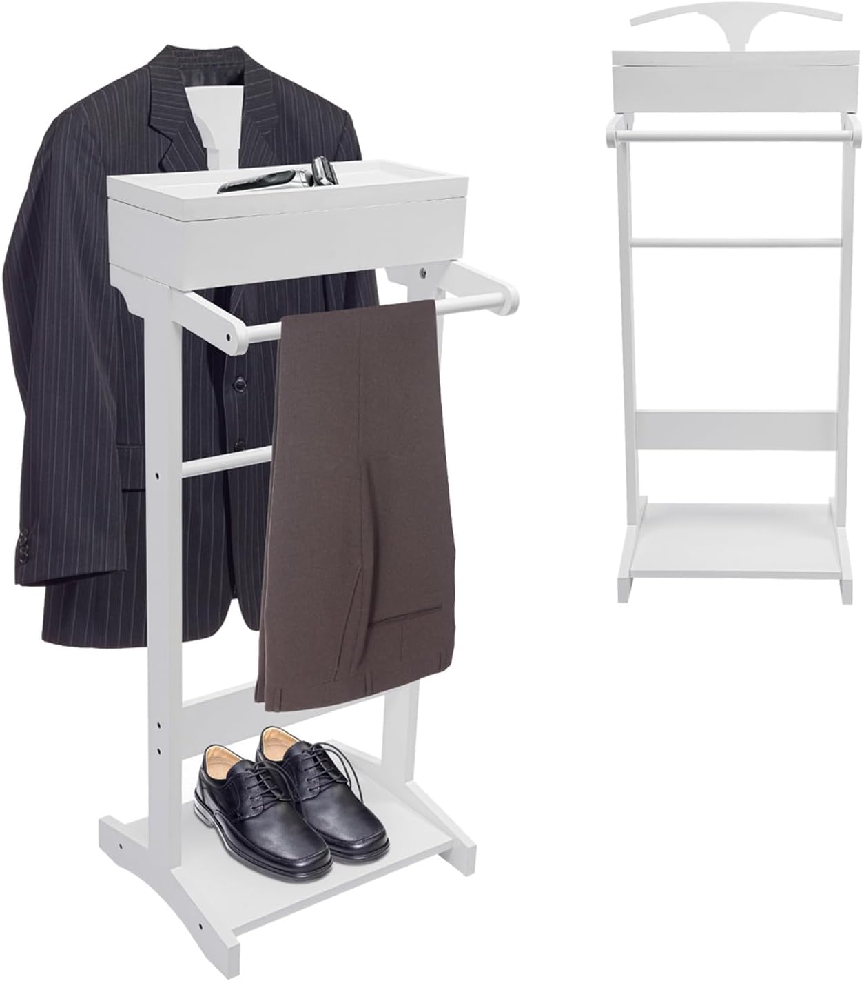 Men Shoes Rack - 木製メンズ衣類スタンド（引き出し、トップトレイ、輪郭ハンガー、ズボンバー、シューラック付き）スーツスタンド、洋服掛け、衣類ラック
