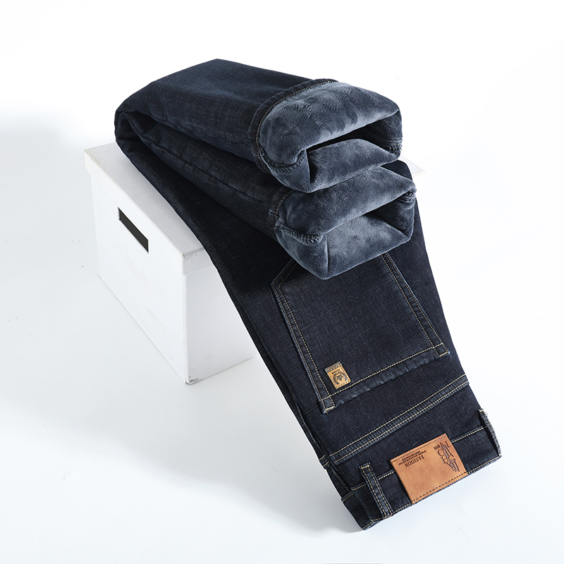Men'S Shoes With Jeans - 冬暖かいフリースジーンズメンズ厚いサーマルカジュアルストレートデニムパンツ男性ビジネスワークストレッチパンツ新しい服