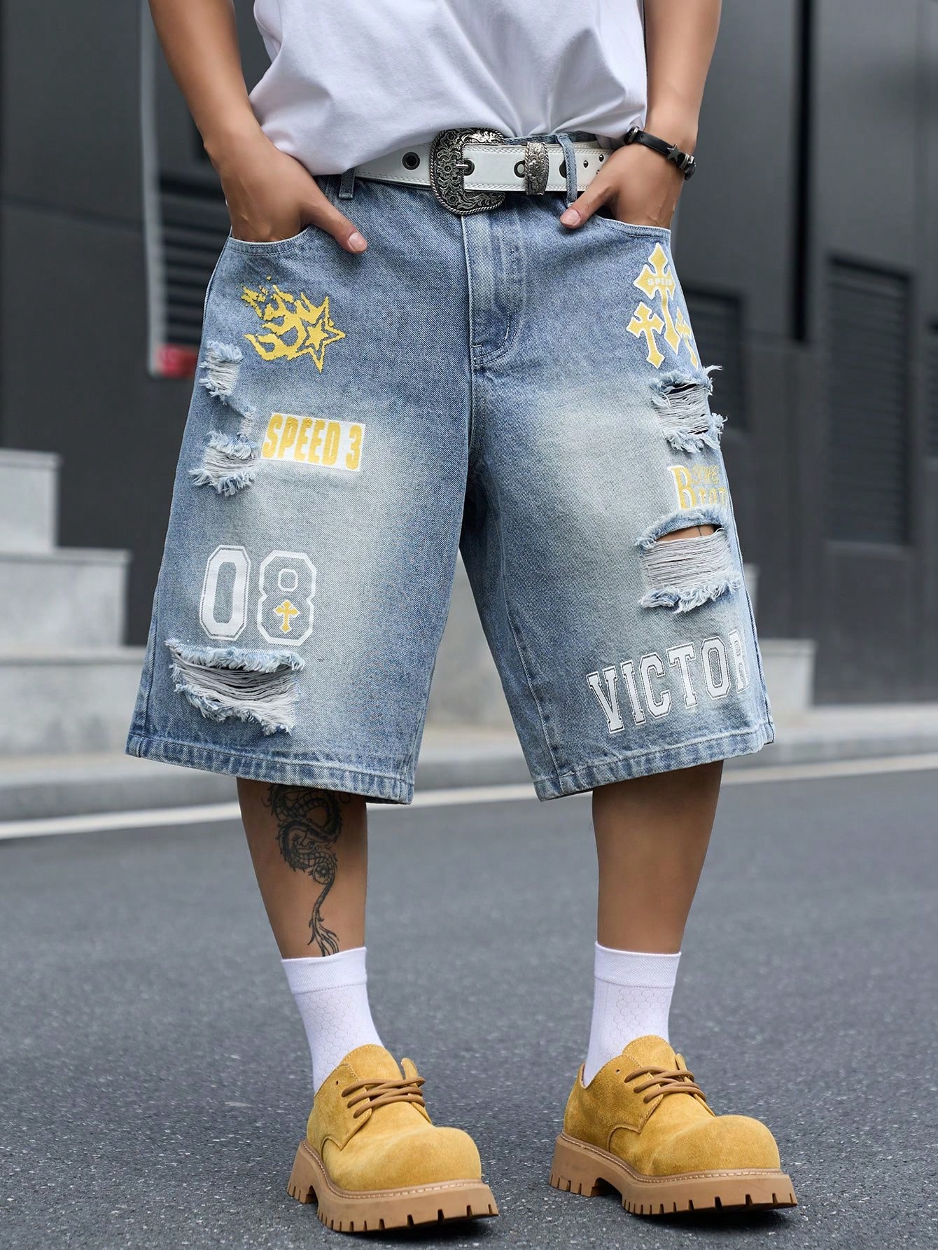 Men'S Shoes With Jeans - メンズ ルーズフィット デニム バミューダ ショーツ、ヴィンテージ ダメージ加工