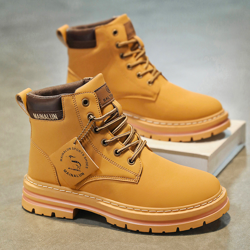 クラシックメンズハイカットブーツ高品質イエローレザーブーツフ - Men Shoes Boots のレビューと価格