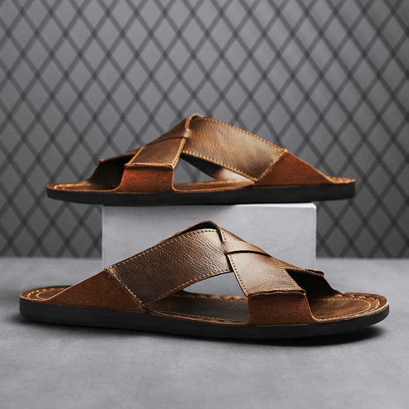 ファッション本革メンズスリッパ夏の男のサンダル屋外ビーチシュ - Men Shoes Marks のレビューと価格