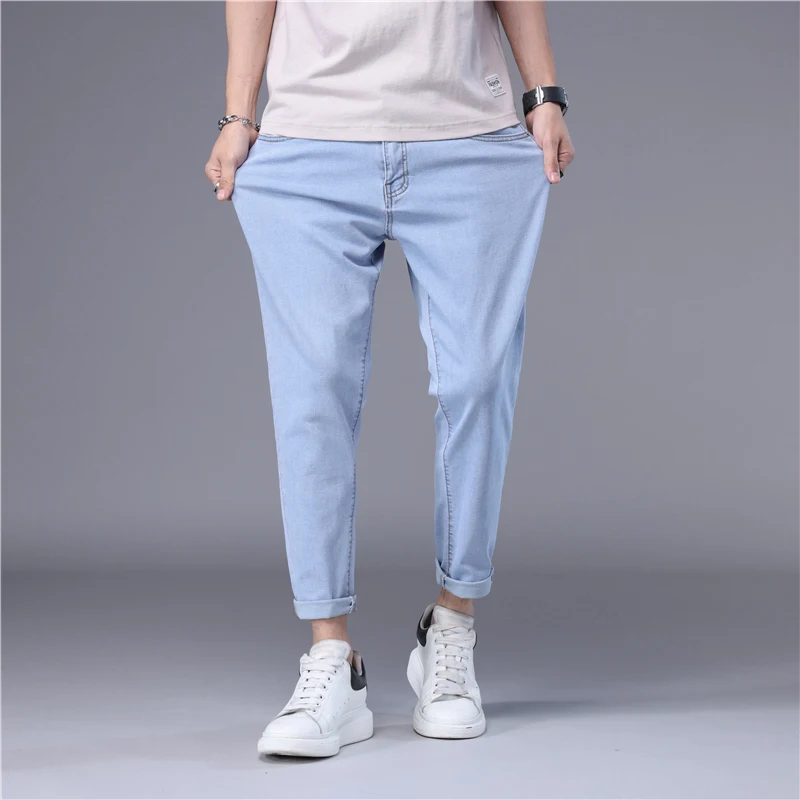 メンズスリムデニムクロップパンツ、スリムフィットフットパンツ - Men'S Shoes With Jeans のレビューと価格
