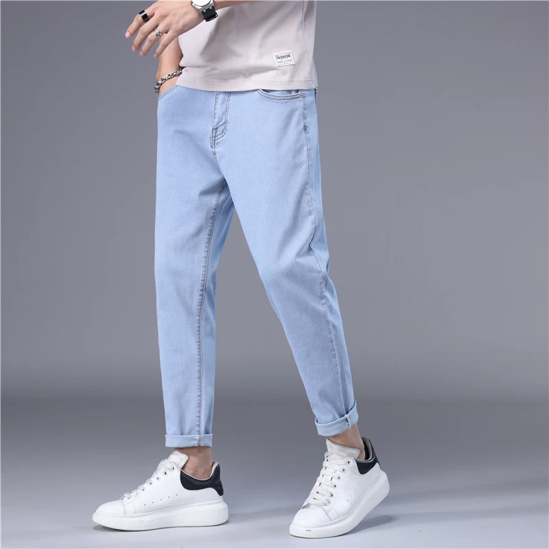 メンズスリムデニムクロップパンツ、スリムフィットフットパンツ - Men'S Shoes With Jeans のレビューと価格