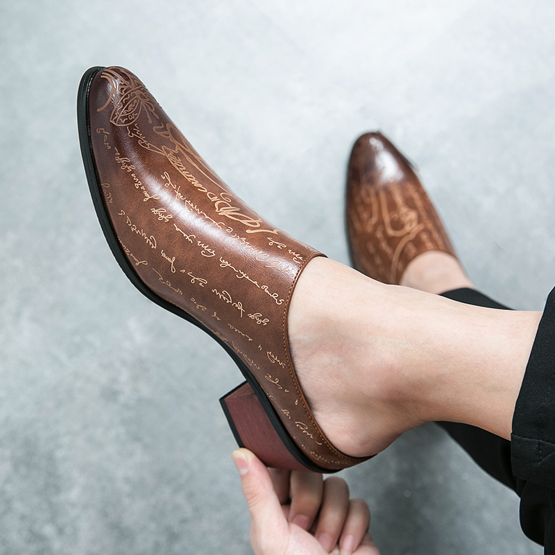 メンズブラウンレザーミュールスリッパレトロレタープリントポイ - Men'S Shoes Dress Casual のレビューと価格