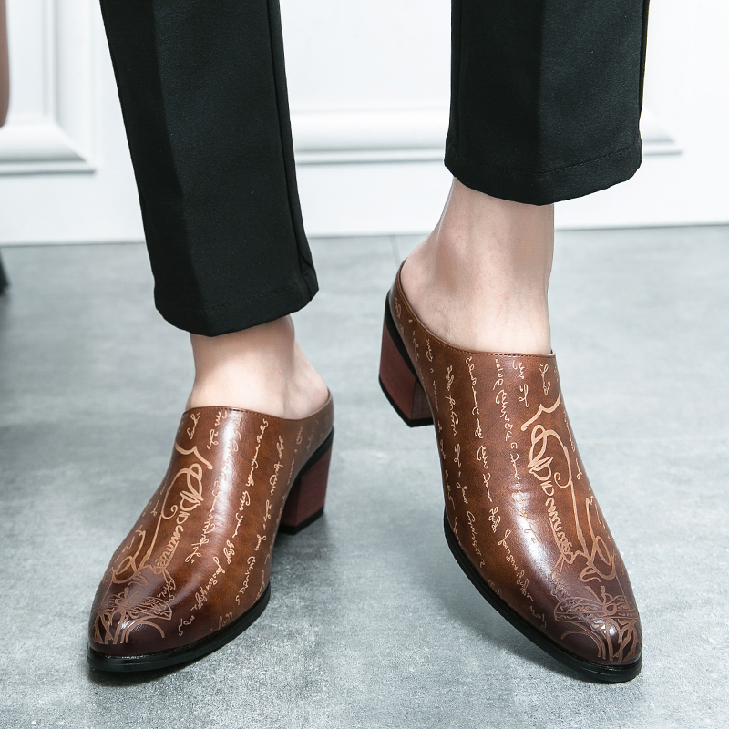 メンズブラウンレザーミュールスリッパレトロレタープリントポイ - Men'S Shoes Dress Casual のレビューと価格