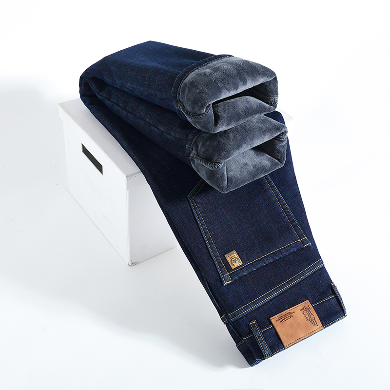 冬暖かいフリースジーンズメンズ厚いサーマルカジュアルストレー - Men'S Shoes With Jeans のレビューと価格