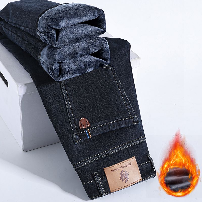 冬暖かいフリースジーンズメンズ厚いサーマルカジュアルストレー - Men'S Shoes With Jeans のレビューと価格