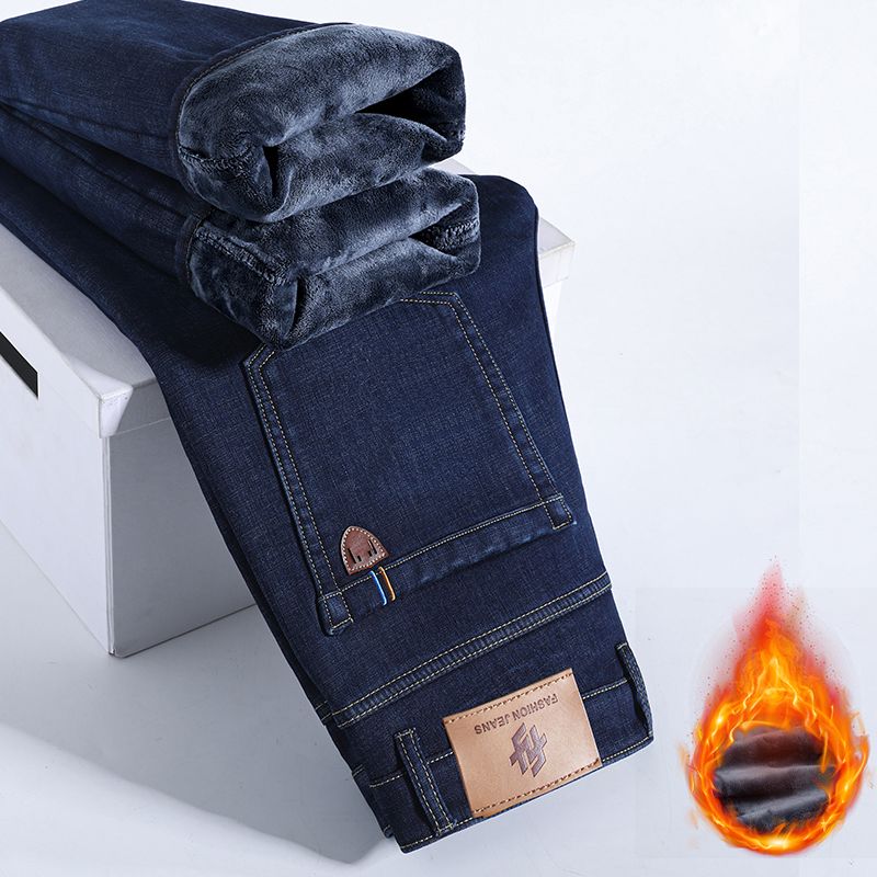 冬暖かいフリースジーンズメンズ厚いサーマルカジュアルストレー - Men'S Shoes With Jeans のレビューと価格