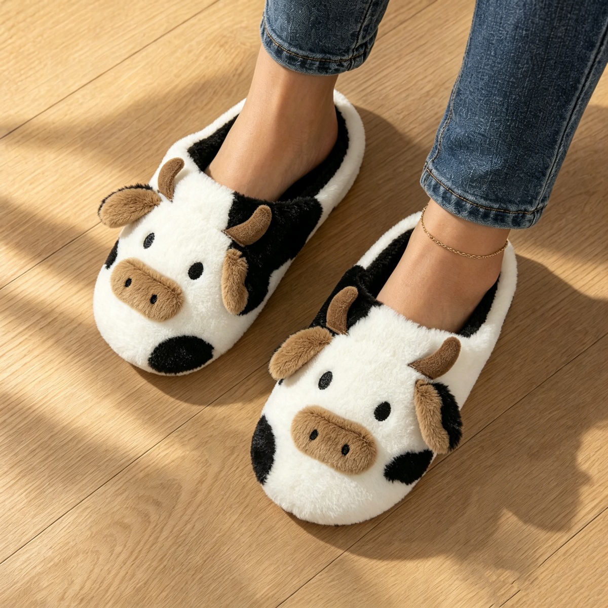 快適な履き心地の牛柄ぬいぐるみスリッパ。女性用、静音、暖かく - Men Shoes Winter のレビューと価格